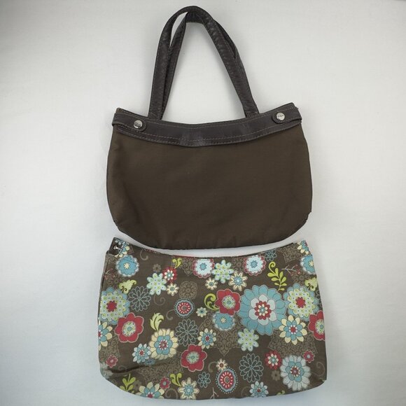 Thirty-One Shoulder Bag Brown Removable Floral Skirt Brown Trim Purse Sachel - Picture 2 of 16